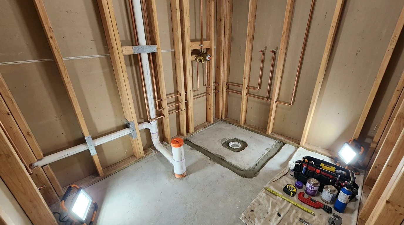 Bathroom rough-in plumbing during remodel by Johns Plumbing LLC in Fillmore
