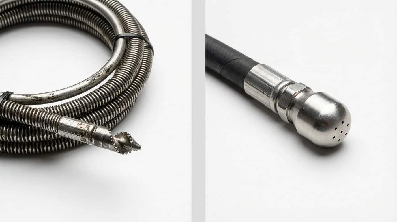 Drain snake cable and hydro jetting nozzle used for drain cleaning in Fillmore, CA