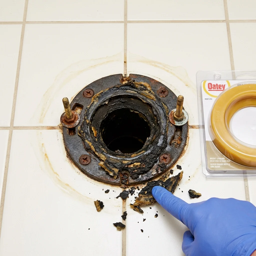 Failed wax ring showing water seepage at the base of a toilet in a Fillmore, CA home